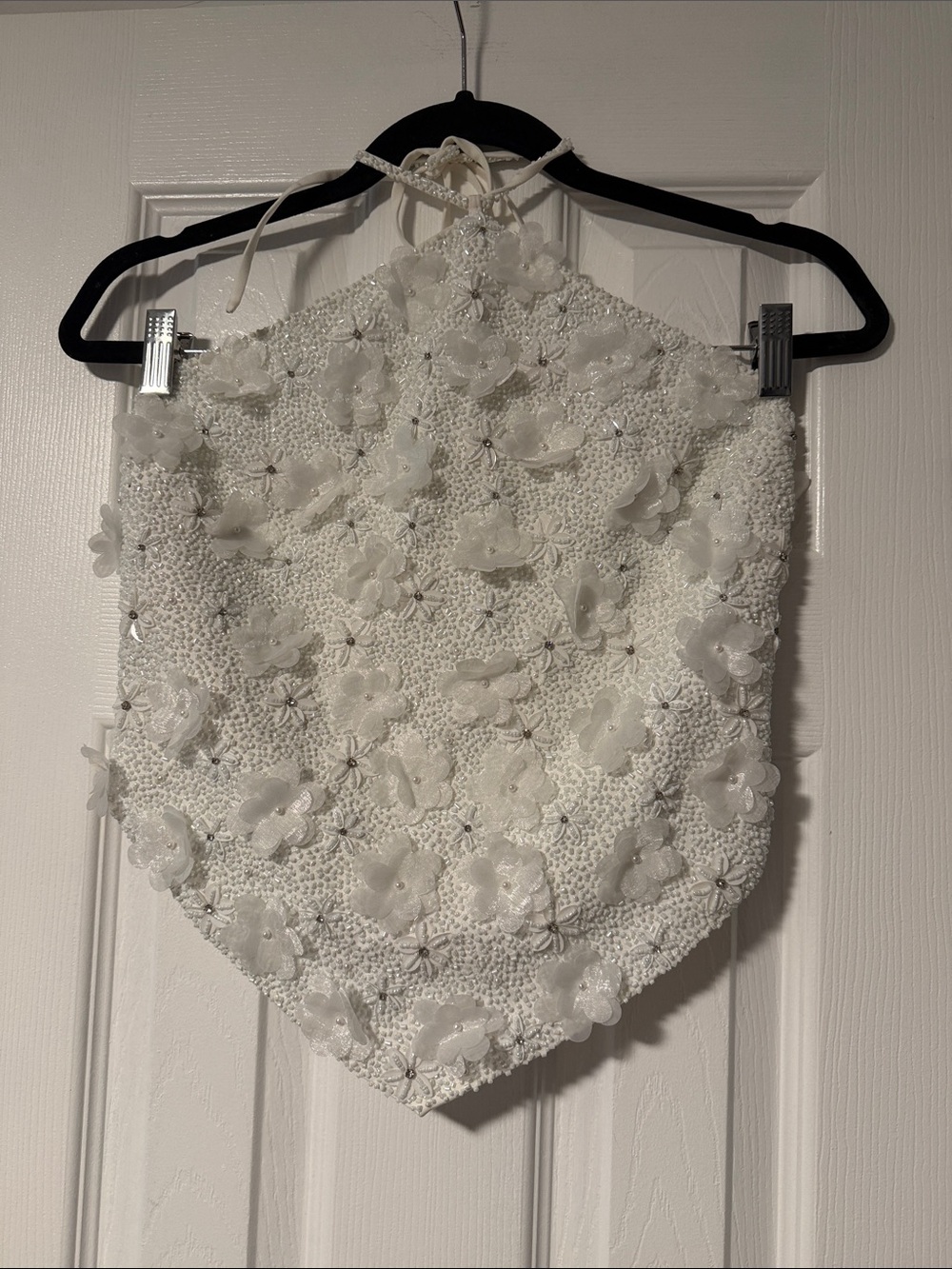 Beaded White Floral Appliqué Halter Crop Top